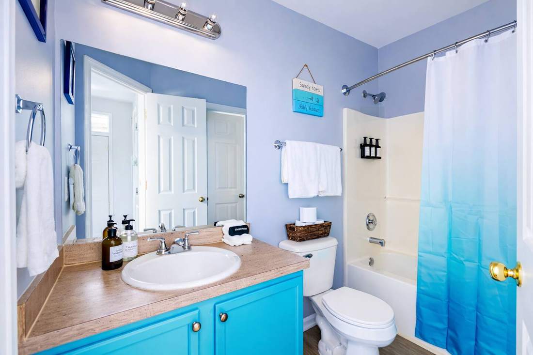Bathroom with tub and shower and blue accents